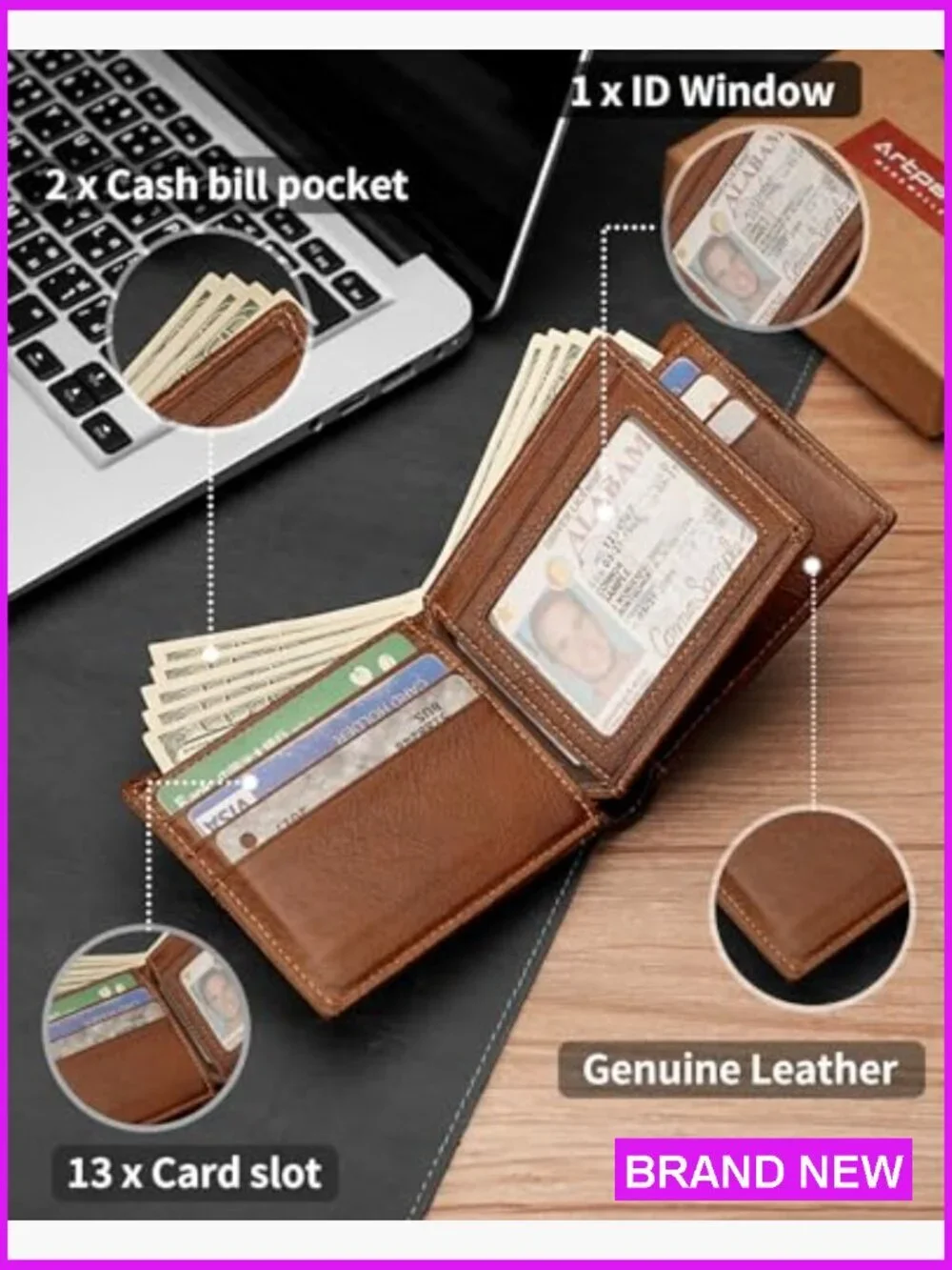 Genuine Leather Bifold RFID Blocking Wallet Men's Classic 13 Card Slots